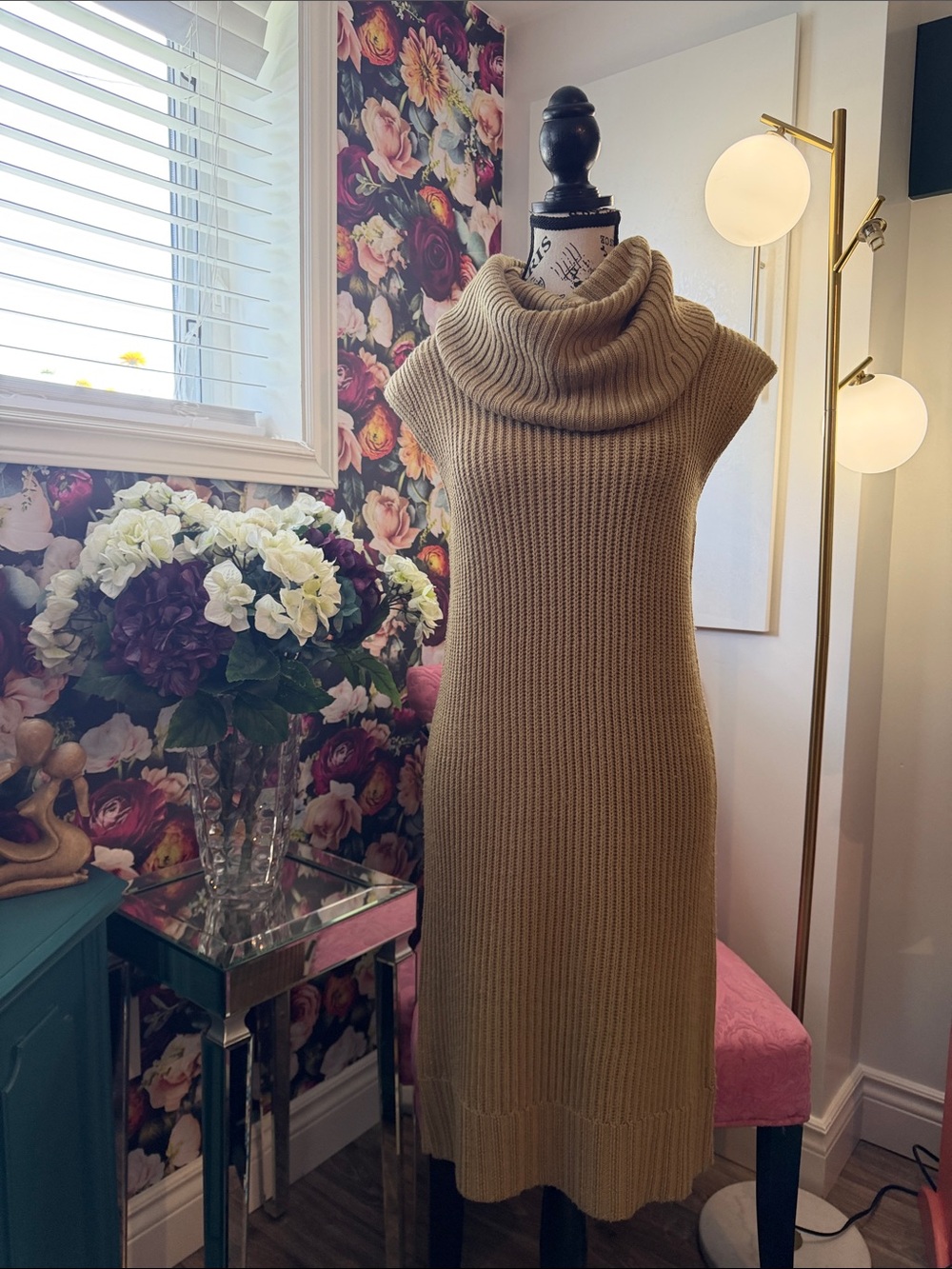 Michael Kors Camel Ribbed Cowl Neck Sleeveless Sweater Dress